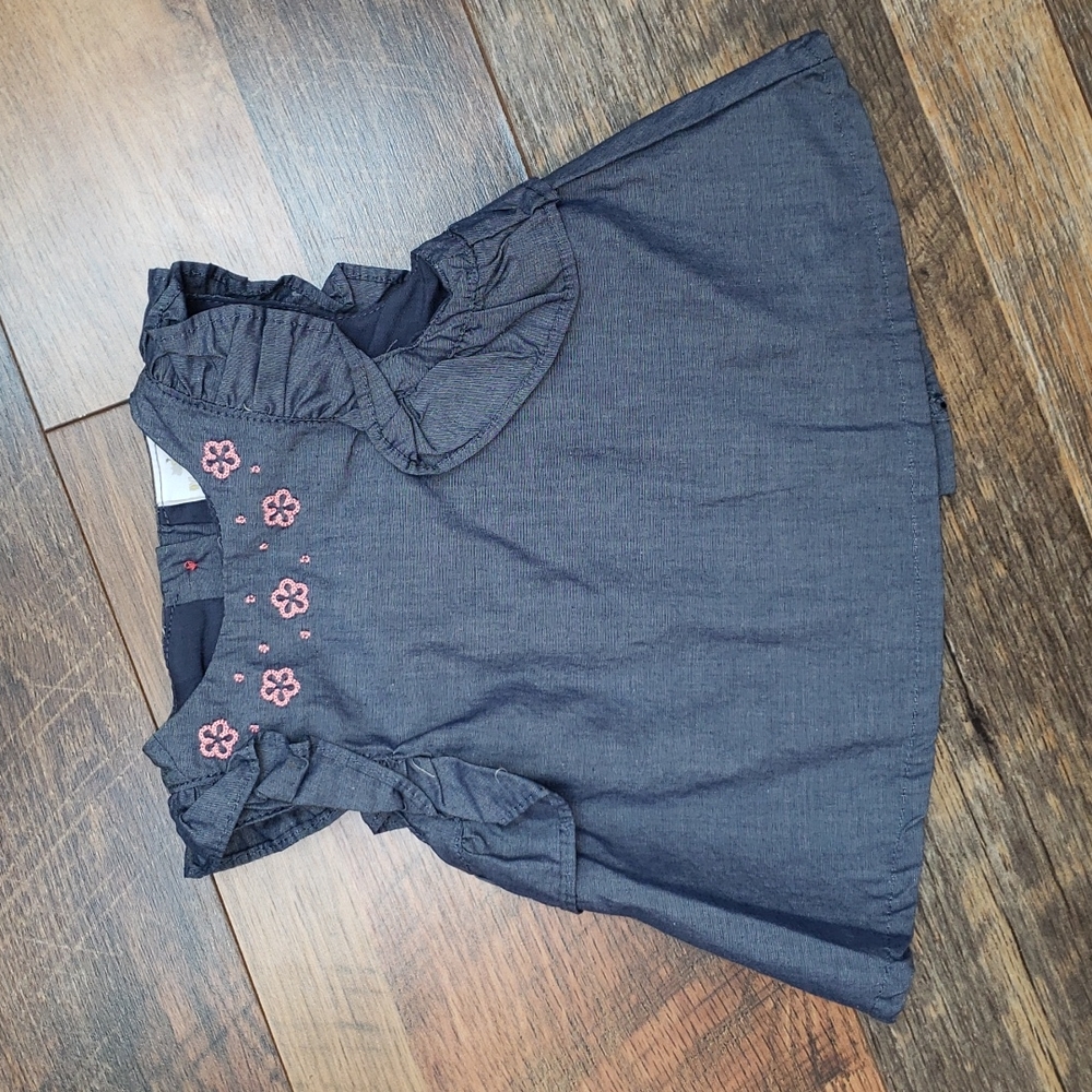 Dylan & Abby Blue Cotton Sleeveless Blouse with Ruffles and Embroidery, 3-6M